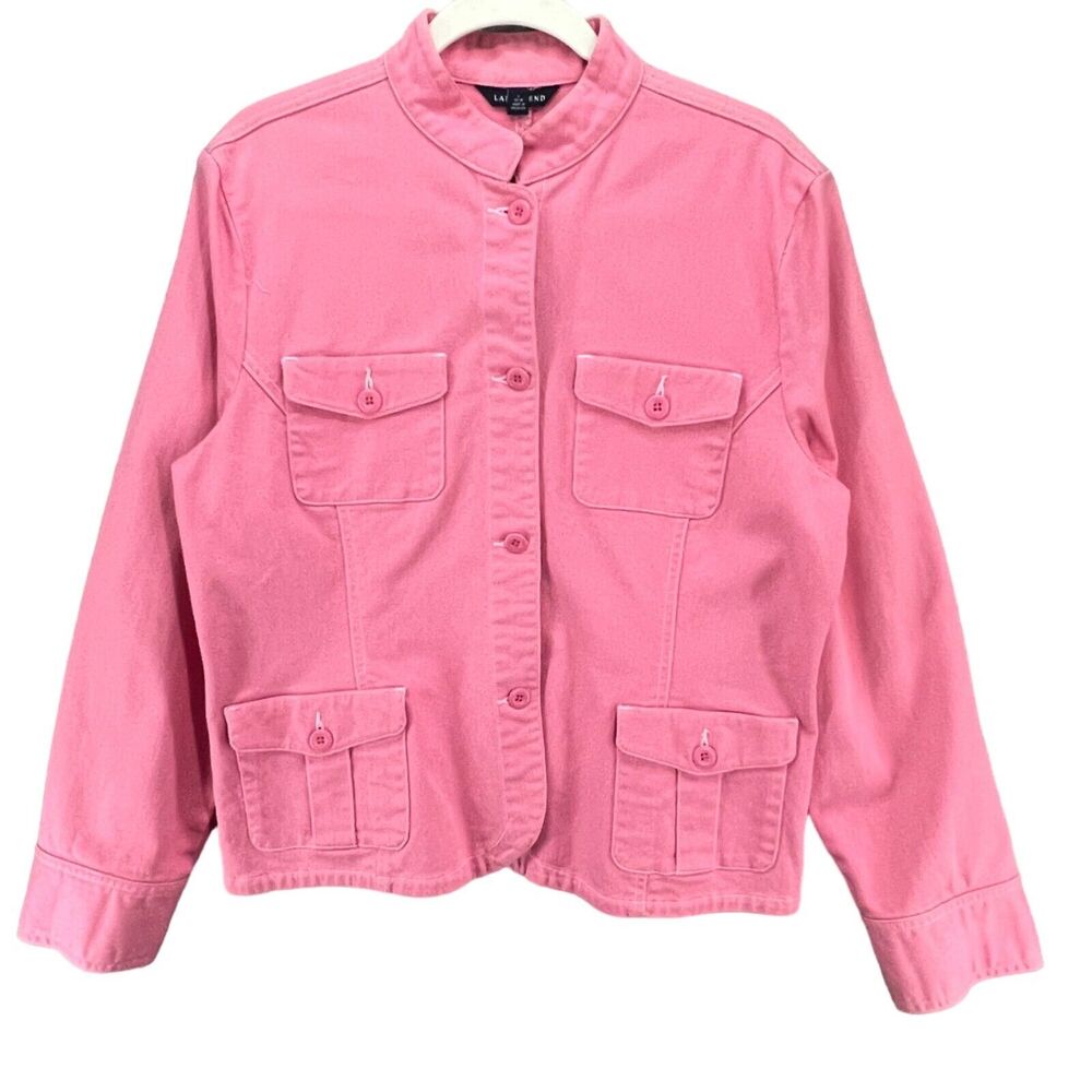 Lands‎ End Jean Jacket Womens L Pink Denim Button Front Pockets Soft Girl Y2K